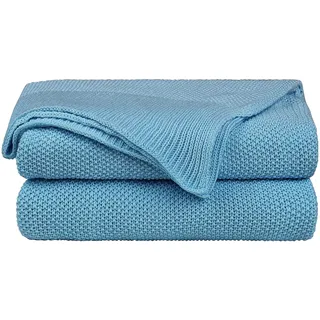 PiccoCasa Tagesdecke Baumwolle Strickdecke Sommerdecke pflegeleicht gesund als Sofadecke Sofaüberwurf für Fernsehen oder Lesen usw. Blau 150x200cm