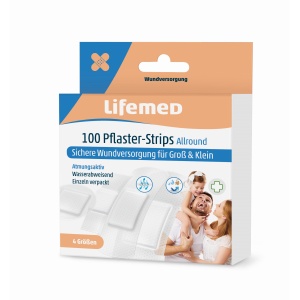 Lifemed® Allround 4 Größen Pflaster-Strips, halbtransparent, Wasserfeste und schmutzabweisende Wundpflaster für eine optimale Wundversorgung, 1 Packung = 100 Pflaster in 4 verschiedenen Größen