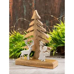 Amagohome Holzfigur Weihnachtsbaum mit Hirsch u. Engel 20x27cm Weihnachtsdeko Mangoholz Aluminium