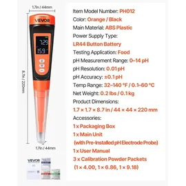 Vevor pH-Meter für Lebensmittel, Messbereich 0–14, Wasserdichte Sonde (IP68), Messgerät mit Automatischer Temperaturkompensation, Kalibrierpulver, für Lebensmittelfermentation, Teig & Fleisch
