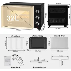 Woltu Mini Backofen 32 L, 1600 W, Schwarz