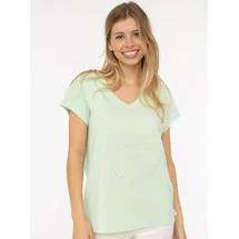 Zwillingsherz Kurzarmshirt "Positive Mind", Damen, Gr. L/XL, grün (hellgrün), Web, Obermaterial: 95% Baumwolle, 5% Elasthan, bedruckt, unifarben, oversize Po-bedeckend, V-Ausschnitt, Shirts, V-Ausschnitt, Kurzarm, hinten etwas länger, Baumwollmischung