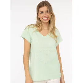 Zwillingsherz Kurzarmshirt "Positive Mind", Damen, Gr. L/XL, grün (hellgrün), Web, Obermaterial: 95% Baumwolle, 5% Elasthan, bedruckt, unifarben, oversize Po-bedeckend, V-Ausschnitt, Shirts, V-Ausschnitt, Kurzarm, hinten etwas länger, Baumwollmischung
