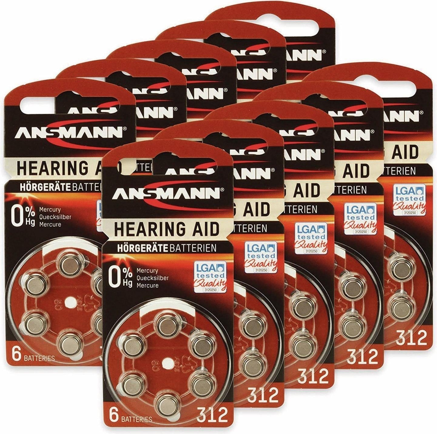 Ansmann Hörgeräte-Batterie, HEARING AID, PR41, Größe 312, 60 Stück (60 Stk., A312, 180 mAh), Batterien + Akkus