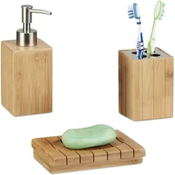 Relaxdays Badaccessoires Bambus, 3-teiliges Badezimmer Set aus Seifenspender, Seifenschale u. Zahnbürstenhalter, natur