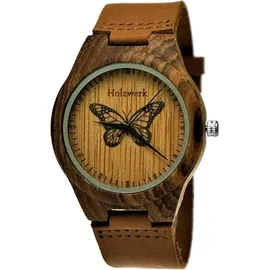 Holzwerk Germany Holzwerk MONARCH Damen Holz Leder Armband Uhr mit Schmetterling Muster, braun