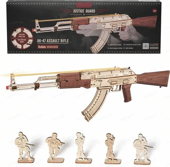 Robotime ROKR Justice Guard Gummiband-Pistole Modellbausatz Holz 3D Puzzle Spielzeug 72 x 5.5 x 22cm 1PC, Heimdekoration, Bücherregal-Dekoration, Bastelgeschenke für Erwachsene und Jugendliche, Lernspielzeug