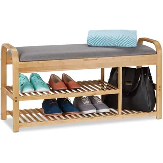Relaxdays Schuhbank mit Sitzfläche, Stauraum, Polster, Flur, niedrig, Bambus, Sitzbank HxBxT: 50x100,5x33 cm, grau/natur