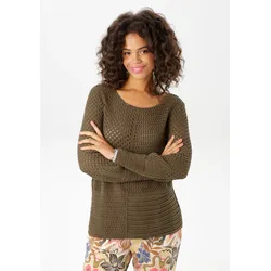 Rundhalspullover ANISTON CASUAL, Damen, Gr. 36, grün (khaki), Feinstrick, Obermaterial: 100% Baumwolle, unifarben, Ajourstrickmuster, modisch, figurumspielend hüftlang, Rundhals, Langarm Strickkante, Pullover, mit trendig gemixten Ajour-Mustern