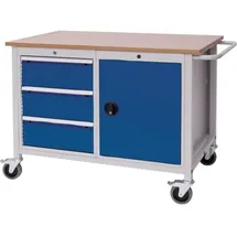 Bedrunka & Hirth Gerätebau GmbH Werkbank Buche Multiplex B1250xT750xH935mm lichtgrau/signalblau 3 Schubladen 1 Tür