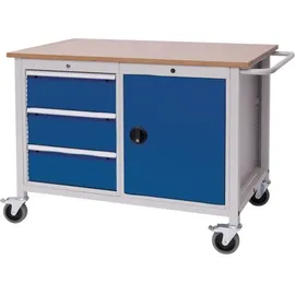 Bedrunka & Hirth Gerätebau GmbH Werkbank Buche Multiplex B1250xT750xH935mm lichtgrau/signalblau 3 Schubladen 1 Tür