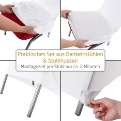 Stapelstuhl 10er-Set in Rot mit 10 Hussen in Weiß, Belastbar bis 150 kg, stapelbar, ideal für Festlichkeiten, Raburg David