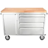 Ondis24 Werkzeugwagen Werkstattwagen Edelstahl Werkbank mit Massivholzplatte & Schubladen, 48", fahrbare Werkbank, kugelgelagerten Schubladen, Massivholzplatte 130 cm x 94,5 cm x 48.5 cm