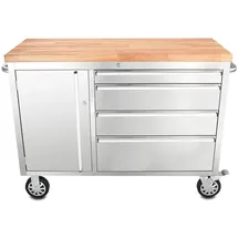 Ondis24 Werkzeugwagen Werkstattwagen Edelstahl Werkbank mit Massivholzplatte & Schubladen, 48", fahrbare Werkbank, kugelgelagerten Schubladen, Massivholzplatte 130 cm x 94,5 cm x 48.5 cm