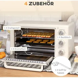 Homcom Mini Backofen 21L Pizza-Ofen, Miniofen inkl. Backblech, Grillrost und Krümmelblech, 1400W Tischbackofen mit 1h Timer, 100-230 °C, Metall, Creme