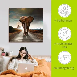 Leinwandbild ARTLAND "Ein Elefant läuft auf der Straße", braun, B:70cm H:70cm T:1,8cm, Canvas, Leinwand, Bilder, auf Keilrahmen gespannt