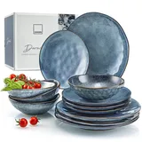 sänger Darwin 12 tlg, Steingut Geschirrset 4 Personen, Teller Set in Blau inkl. Speiseteller Dessertteler & Tiefe Teller, Essgeschirr, Geschirr Set Handmade | PREMIUM COLLECTION