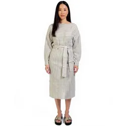 weiches Damen Midi-Kleid Basic-Kleid im Strick-Stil mit Bindeband Langarm-Kleid 929118 Beige - 