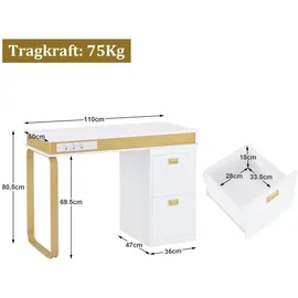 Barberpub Schreibtisch mit Schubladen für Nagelstudio, Manikürtisch mit 3 Steckdosen, Schminktisch ohne Spiegel Weiß-gold, Nageltisch aus Holz Metallgestell, Nagelfrisiertisch, 50x110x80,5cm, 2484 - Weiß