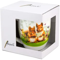 Tasse 10cm Porzellan mit Eichhörnchen & Blumen Motiv - 0,4L Keramiktasse Porzellangeschirr Kaffeetasse Teetasse Kakaotasse Frühling Sommer Weiß Braun