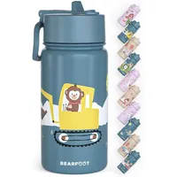 Bearfoot Trinkflasche Kinder Edelstahl mit Strohhalm - Thermosflasche 400ml - BPA frei - auslaufsicher - Kleinkinder, Mädchen & Jungen Wasserflasche für Schule, Kindergarten (Blau - Bagger Affe)