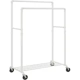 Songmics Kleiderständer, Kleiderstange, Garderobenständer mit 2 Kleiderstangen und Ablage, Rollen, bis 110 kg belastbar, Industrie-Design, für Schlafzimmer, Ankleidezimmer, weiß HSR060W01