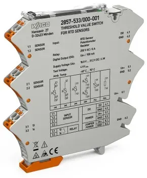 Wago 2857-533/000-001 Grenzwertschalter, RTD-Sensoren, 1 Schließer, Digitalausgang, Konfiguration per Software, Versorgungsspannung DC 24 V, 125 mm Baubreite, Bahn 2857533000001