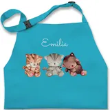Kinderschürze Schürze Kinder Jungen Mädchen - Katze - 3 Katzen mit Name Katzenmotiv Babykatzen - 7-14 Jahre - Türkis - verstellbares band cat katzenmotiven kochschürze - 7-13 Jahre