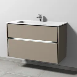 Sanipa Keramik-Waschtisch-Set mit Waschtischunterschrank „Twiga“ 99 × 46 × 61 cm in Sandgrau (matt), mit Beleuchtung