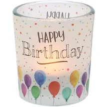 Dekohelden24 Windlicht Happy Birthday Glas Transparent 6,5 x 6 cm