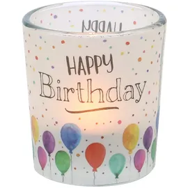 Dekohelden24 Windlicht Happy Birthday Glas Transparent 6,5 x 6 cm