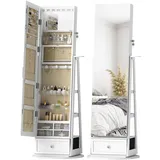 Schmuckspiegel Mit Led-beleuchtung, Schmuckschrank Mit 360° Drehbarem Spiegel, Schublade, Schloss, Weiß