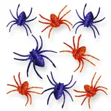 AKH® Halloween Spinnen | 8 Stück | Größe 7 x 5 cm | Halloween Kunststoff Glitzer Spinnen | Halloween Party Dekoration | Gruselige Spinne Tischstreusel Halloween (Orange & Violett)