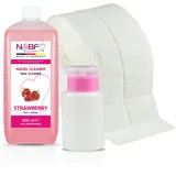 NAILS FACTORY | N&BF Nagel Cleaner Set mit Duft 500ml + Dispenser Pumpflasche Rosa 150ml + 1000 Zelletten Cellulose Pads (2 Rollen à 500 Stück) - 70% Isopropanol-Alkohol – für Gelnägel – (Erdbeer)