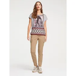 Rundhalsshirt HEINE "Druck-Shirt", Damen, Gr. 36, beige (sand), 100% Polyester, gemustert, Rundhals, Kurzarm, Shirts