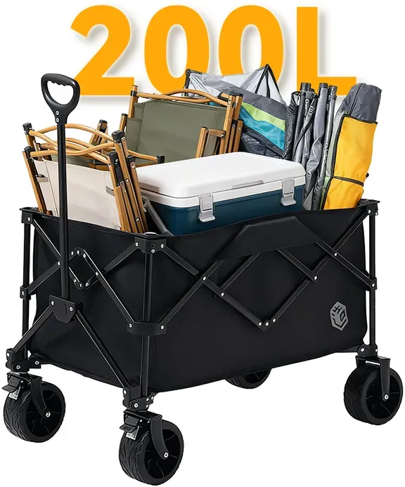 ochama platzsparender Campingwagen 200L Schwarz, extra hoch und groß, 400L Stapelkapazität, Doppelbremse Geländereifen, platzsparende Aufbewahrung, für Camping, Picknick, Marktstand, Umzug