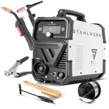 STAHLWERK Schweißgerät FLUX 160 ST Digital – Starter-Set – 3-in-1 Kombi mit 160 A, Fülldrahtschweißen ohne Schutzgas, MMA (E-Hand/ARC), Lift-TIG (DC), synergischer Drahtvorschub, LED-Licht, IGBT