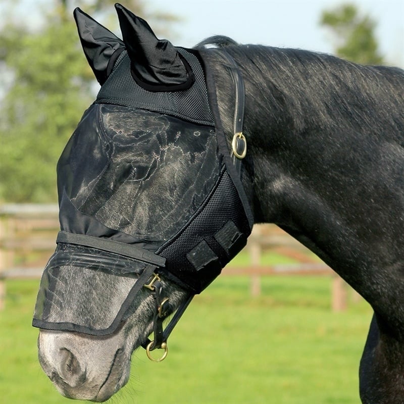 Fliegenmaske mit Nüstern- und Ohrenschutz, abnehmbarer Nasenschutz - schwarz, Warmblut