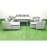 Rattan Gartenmöbel-set Outdoor 8 Sitzer Mit Esstisch 2 Sesseln Beistelltisch 3 Fußhockern Hellgrau Gemischt - Fimous
