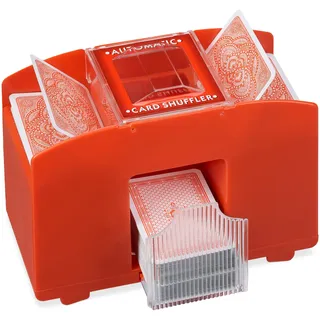 Relaxdays Kartenmischmaschine elektrisch, 4 Decks, Automatischer Kartenmischer, Spielkarten bis 91 mm, Kunststoff, rot