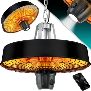 Kesser KESSER® Deckenheizstrahler Heizpilz Infrarot-Heizstrahler 2500W Terrassenstrahler mit Fernbedienung Quarzstrahler LED Licht Decke Infrarotstrahler mit Kette | Karabinerhaken Carbon-Heizelement