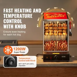 Vevor Hot Dog Dampfgarer, 37L, 2-stufiger Hot Dog Hütten-Dampfgarer, 30°C~85°C Temperaturregelung, elektrischer Brötchenwärmer mit Schiebetüren aus gehärtetem Glas, Trennplattenzange, Edelstahl, -
