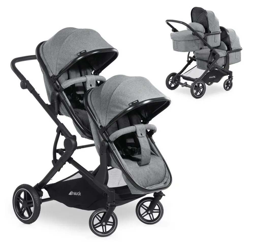 Hauck Zwillingsbuggy Atlantic Twin - Melange Grey, Geschwisterwagen Zwillingskinderwagen inkl. Babywanne bis 36 kg grau