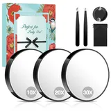MIYADIVA Vergrößerungsspiegel Set, 10X&20X&30X Schminkspiegel mit Saugnapf, 9cm Kleiner Spiegel, mit 2 Pinzetten und Aufbewahrungstasche. Geeignet für Reise, Bad, Zuhause, Geschenk für Frauen