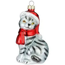 Inges Glas Christbaumschmuck Glas Katze mit Mütze und Schal 10 cm grau