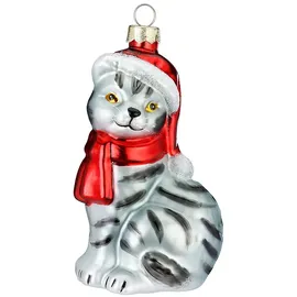 Inges Glas Christbaumschmuck Glas Katze mit Mütze und Schal 10 cm grau