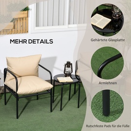 Outsunny 3tlg. Gartenmöbel-Set, Bistro-Set mit 2 Stühlen, 1 Couchtisch, Sitzkissen, Gartensitzgruppe für Balkon, Terrasse, - - Beige