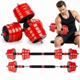 Mucola Kurzhantel Kurzhantel Langhantel 4in1 Set Hantelset verstellbar Gewichte, (Set, Premium-Hantelset, Premium-Trainingsset), Geräuscharm und Bodenschonend rot|schwarz