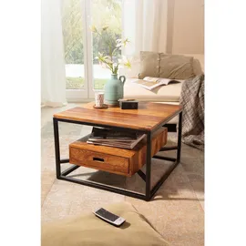 KADIMA DESIGN Sofatisch mit Schublade, Quadratisches Design, Couchtisch Sheesham Massivholz/Metall, 60x60x40 cm