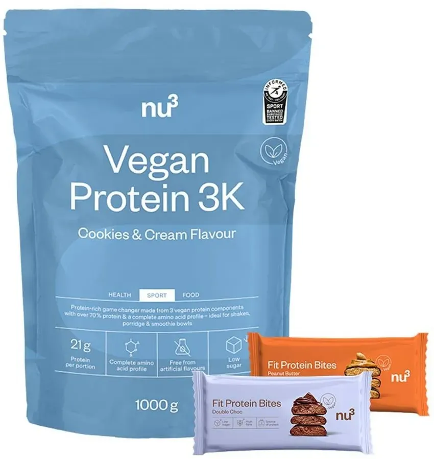 nu3 Vegan Protein 3K Shake, Cookies-Cream + Fit Protein Bites Double-Choc +	Fit Protein Bites Peanut Butter